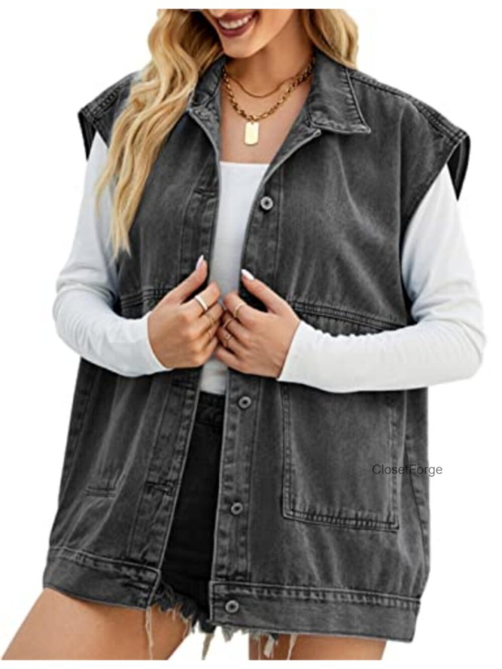 Oversized Mid Long Denim Vest with Button Closure and Pockets